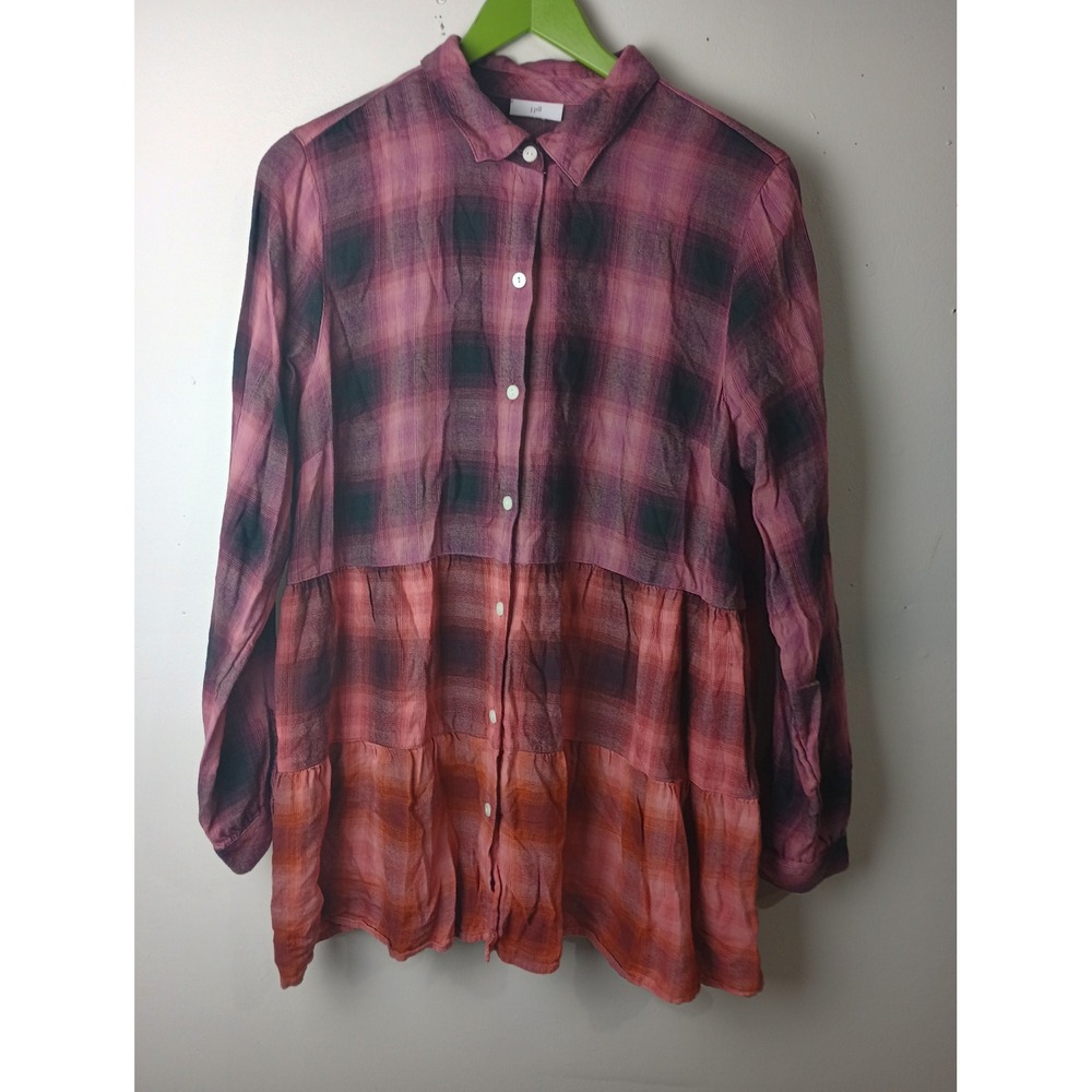 J. Jill Womens Plaid Tiered Tunic Top Purple Orange Cotton Modal Size Medium